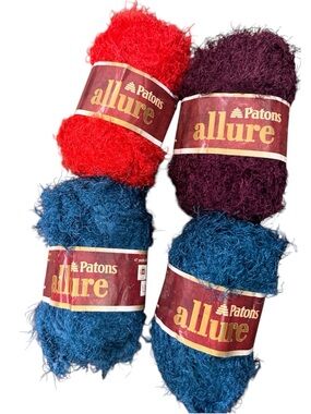 ⁠Lot of 4 Patons Allure Eyelash Yarn Skeins Bulky Nylon Discontinued Blue Red⁠